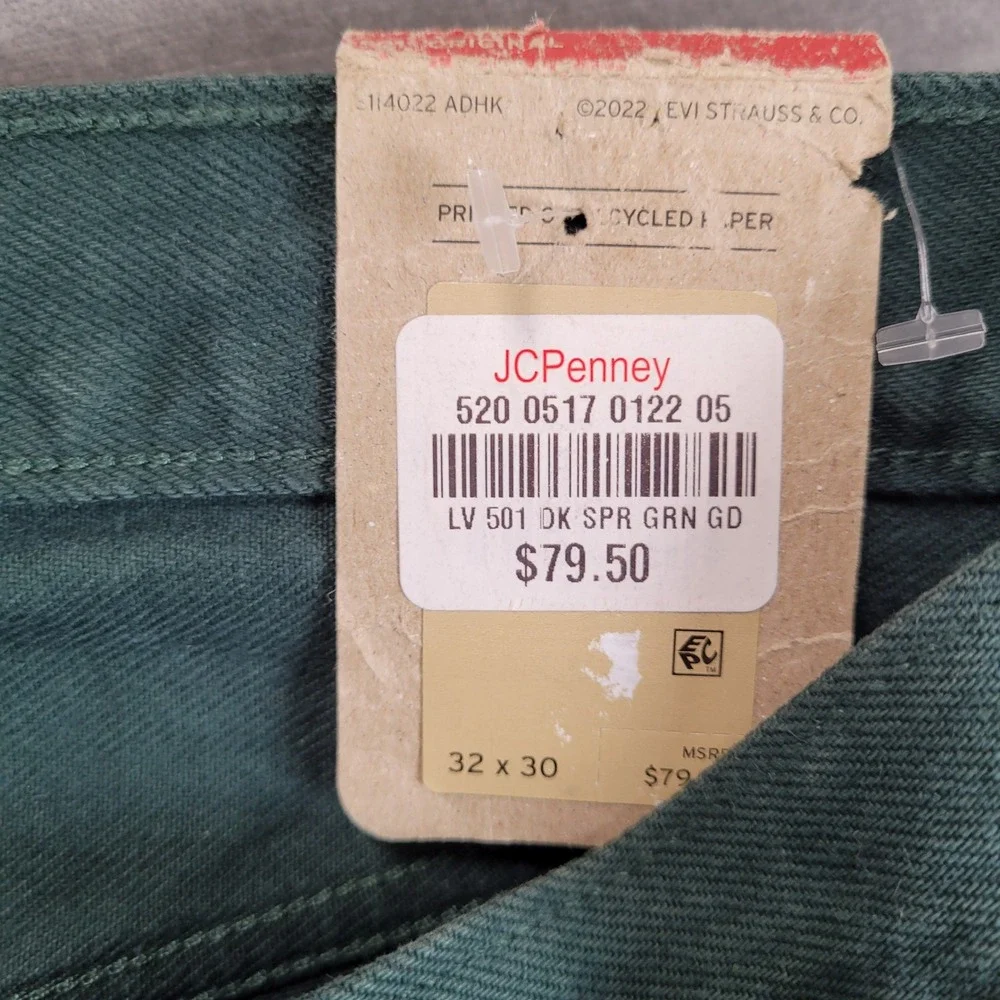 Levis 501 Original Fit Jeans Mens 32x30 Dark Spruce Green‎ Denim New Flaw